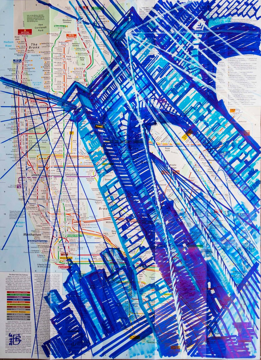 Illustrative Cityscapes Drawing By Kateryna Bortsova, 17 X 24", Drawing Of The Brooklyn Bridge On Map, Original Artwork