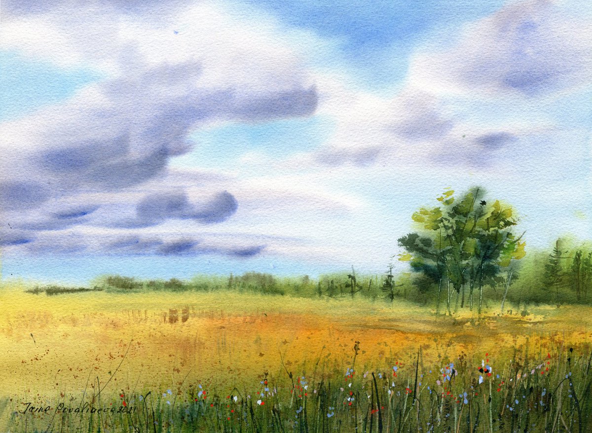 Forget-me-nots original watercolor artwork bright colors field landscape with flowers , d... by Irina Povaliaeva