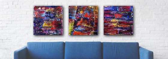 "Deep In Thought" - FREE WORLDWIDE SHIPPING - Original Large PMS Abstract Triptych Oil Paintings On Canvas - 60" x 20"