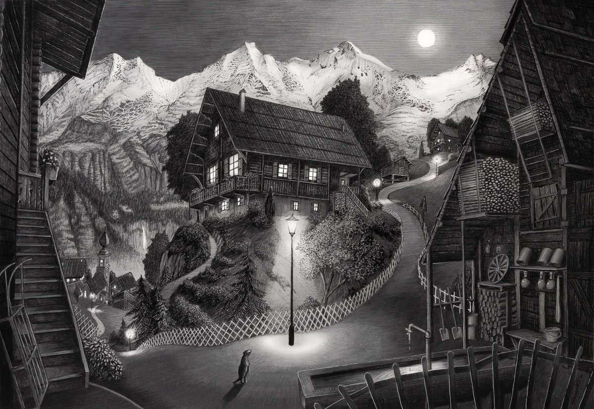 Illustrative Pencil Drawing , Alpine Light By Graham Mckenzie-Smith, 24 X 17, Artwork For Sale On Artfinder