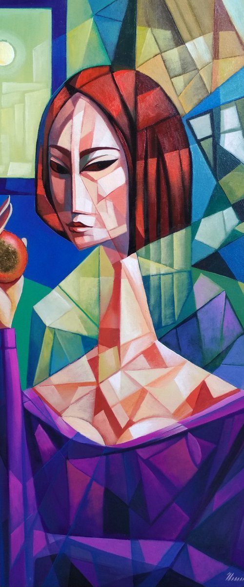Girl with apple (60x100cm, cubism, oil painting, ready to hang) by Artrun Asatrian