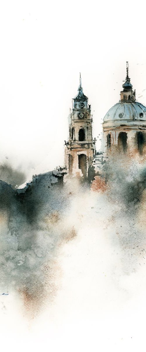 Prague Skyline, Roofs of Prague Cityscape Loose Watercolor by Sophie Rodionov