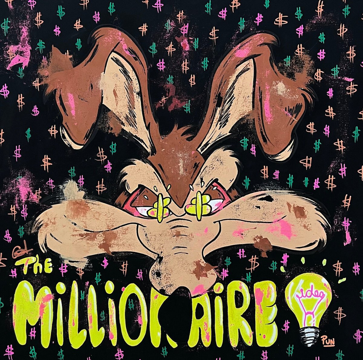 Cartoon Animal Acrylic Painting By Carlos Pun Art, 28 X 28, Millionaire Idea Wile E Coyote, Original Artwork