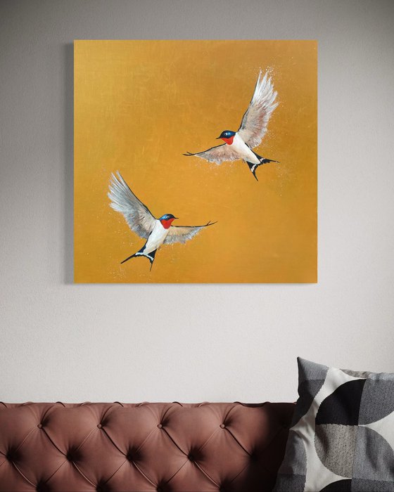 Two Swallows on Gold