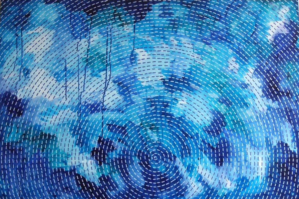 Abstract Acrylic Painting By Marina Krylova, 47 X 31", Blue Infinity #70, Original Artwork