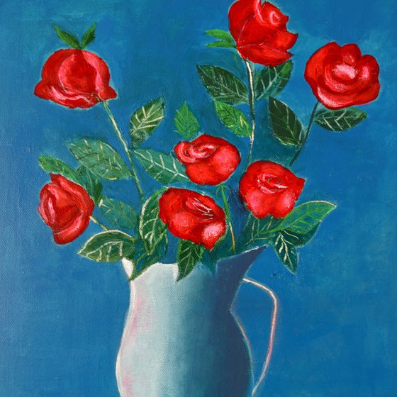 Red Roses in a Blue Vase