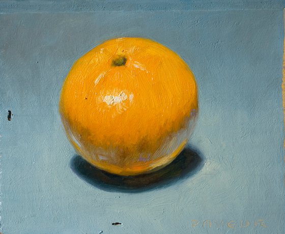 modern still life of perfect orange on blue for fruit lovers