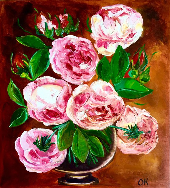 BOUQUET OF CORAL ROSES #5 palette knife modern red pink still life  flowers Dutch style office home decor gift
