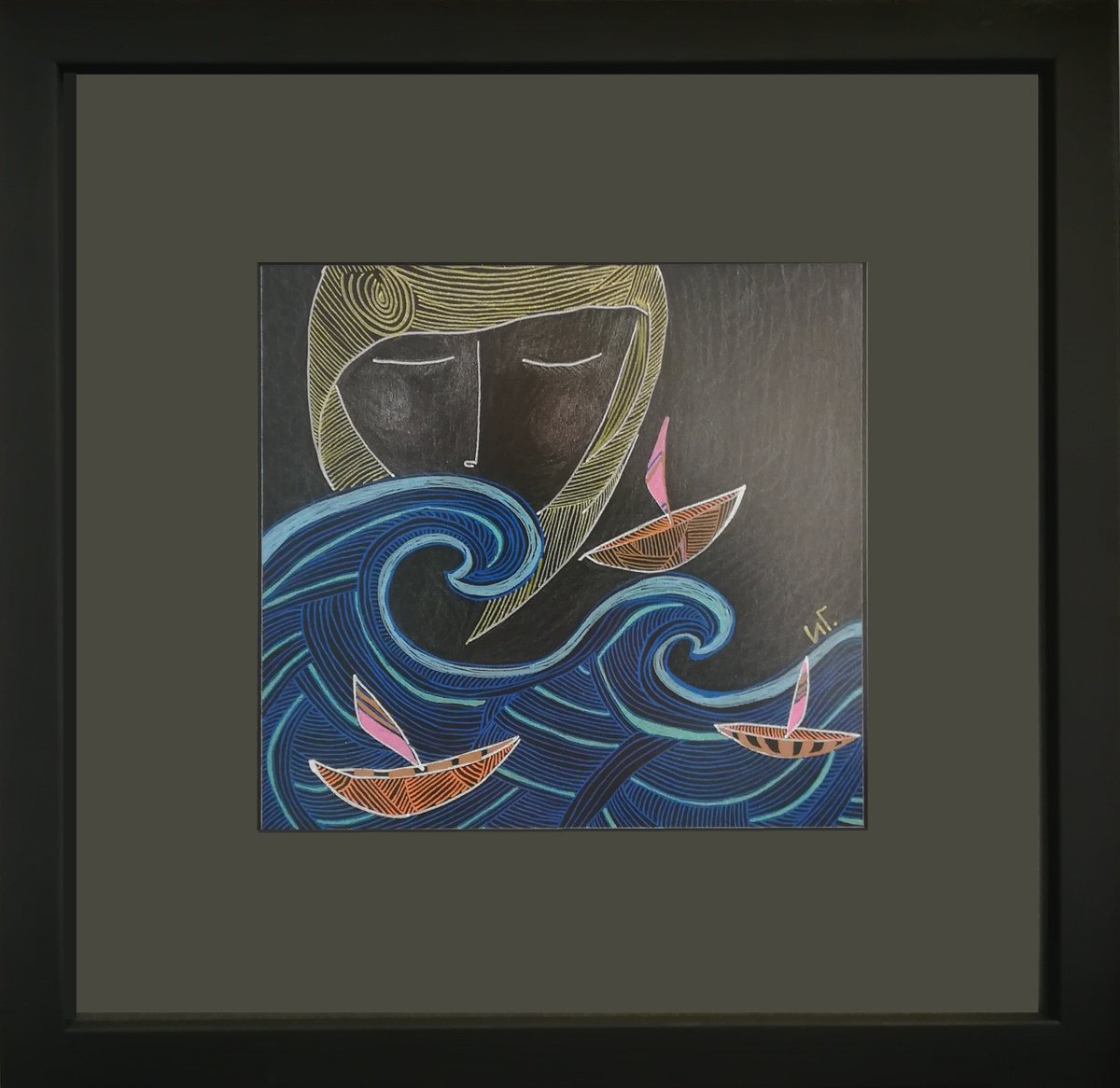 Naive Portrait Drawing By Irina Goleva, 13 X 13, Excitement Ii, Original Artwork