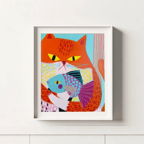 Orange Cat with Colorful Fish