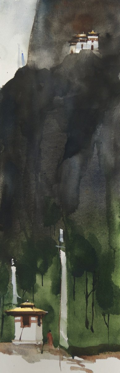 Impressionistic Landscape Watercolour By Prashant Prabhu, 8 X 23", On The Way: Tiger