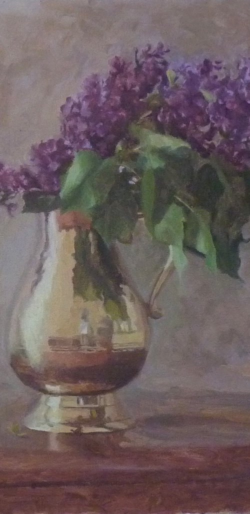 Purple Lilac in a copper vase by Radosveta Zhelyazkova