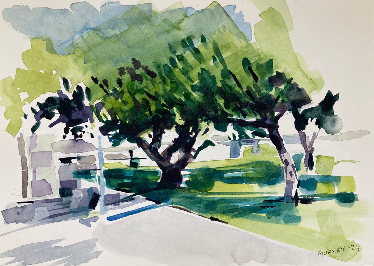 Impressionistic Landscape Watercolour By Paul Gurney, 10 X 7", Orange Trees Lite, Villa Gioia, Original Artwork