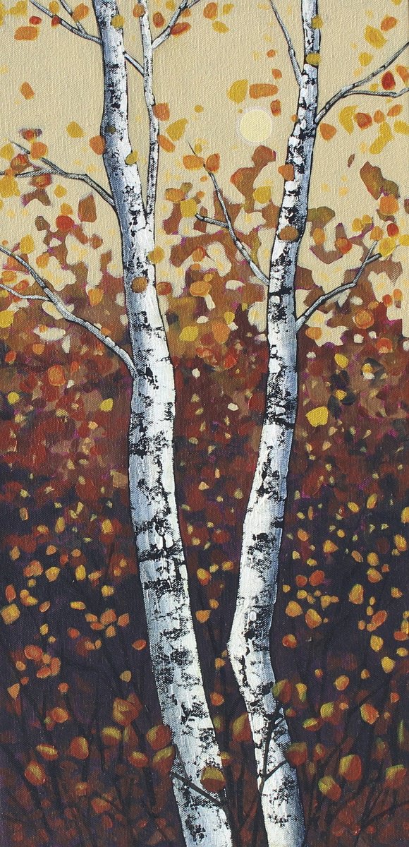 Two Autumn Birches By Sage Mountain Studio, 12 X 24, Artwork For Sale On Artfinder