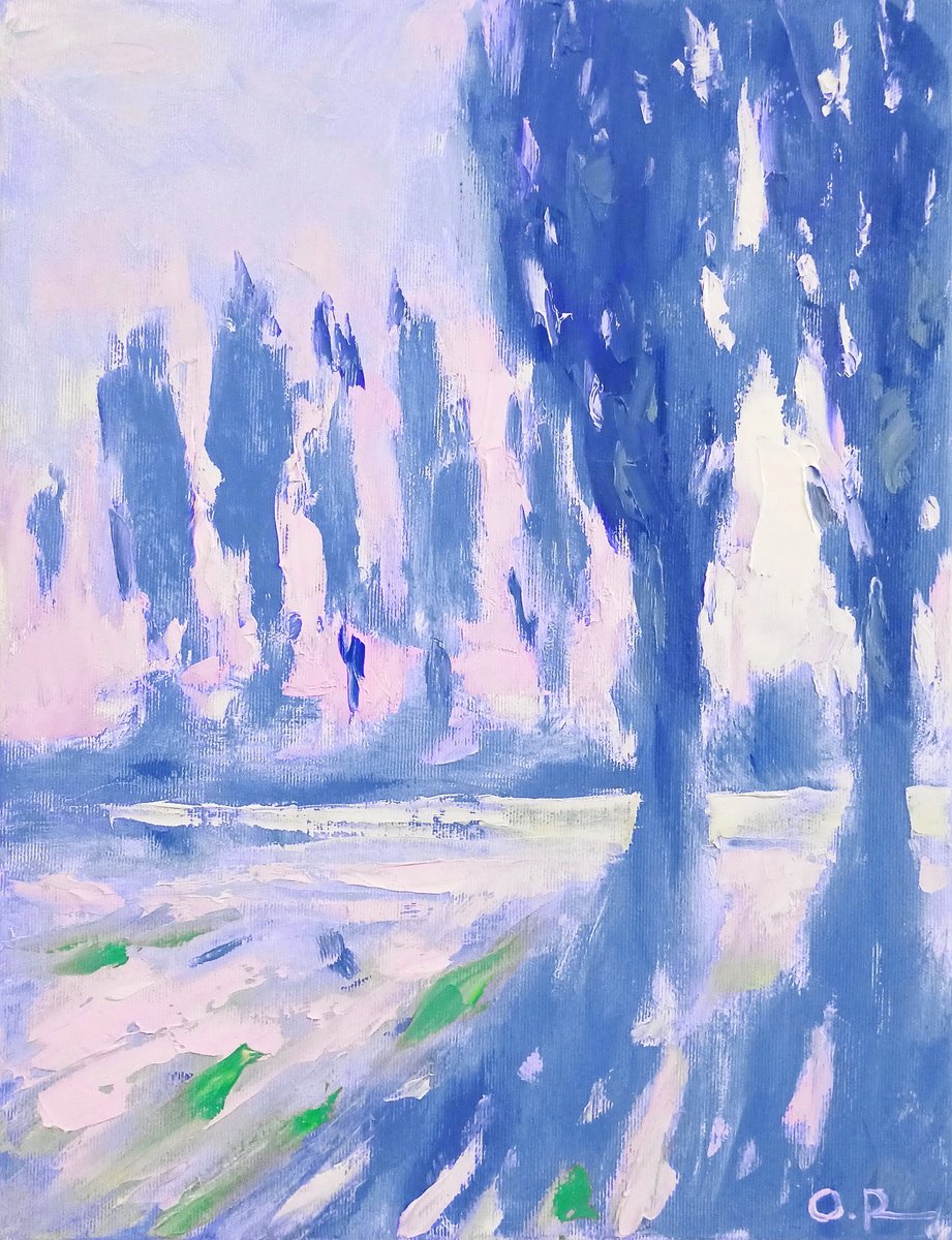 Impressionistic Landscape Oil Painting By Oleh Rak, 12 X 16", Sun In Poplars, Original Artwork