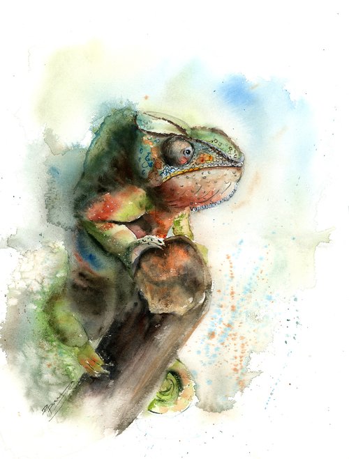 Chameleon - Original Watercolor Painting by Olga Shefranov (Tchefranov)