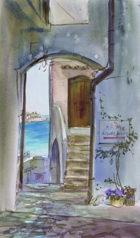 Sperlonga. Street to the sea. Watercolour by Marina Trushnikova. Landscape, A3 watercolor.