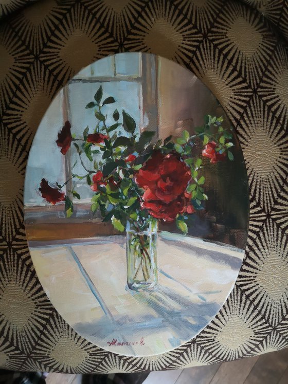 Wild roses by the window (9x12" oval canvas)