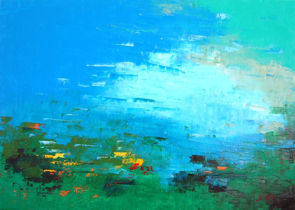 Abstract Landscape Oil Painting By Saroja Van Der Stegen, 27 X 20", Green (Ref#:1039-15M), Original Artwork