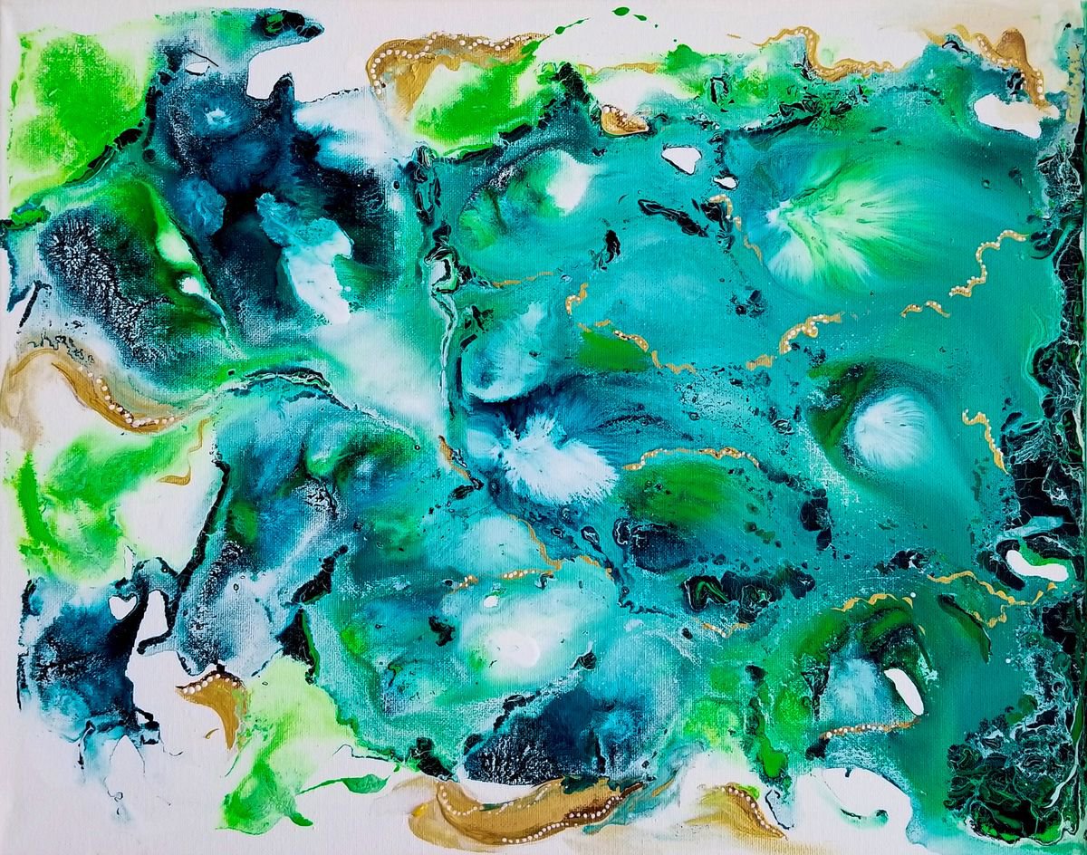 Expressive Abstract Acrylic Painting By Galina Victoria, 20 X 16, Emerald Dream, Original Artwork