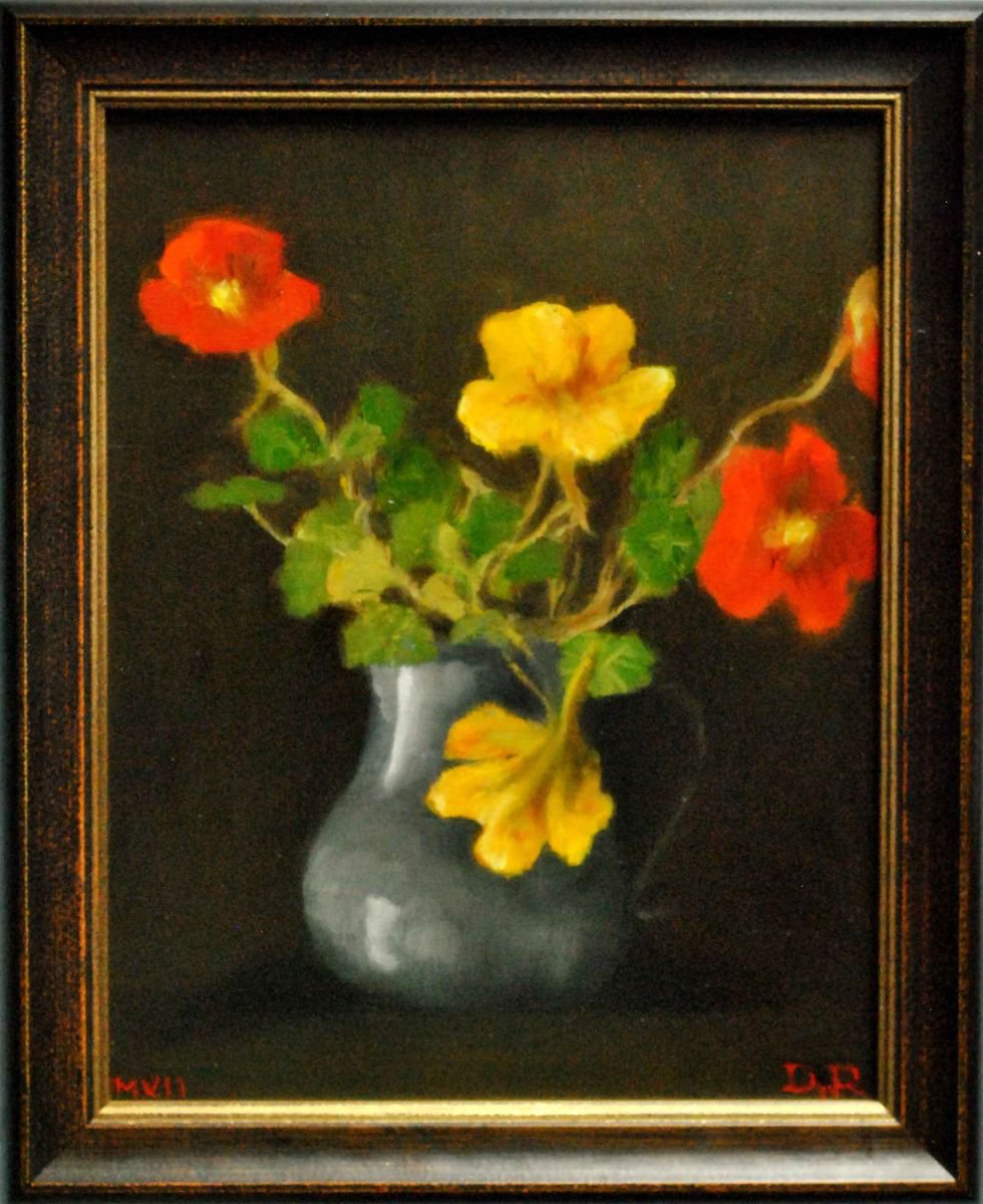 Photorealistic Botanical Oil Painting By Daniela Roughsedge, 9 X 11, Nasturtium, Original Artwork