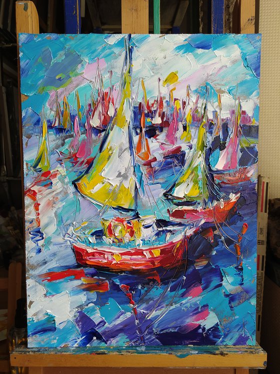 Expressive yachts - yacht, oil painting, yacht club, seascape, sea with yachts, yacht original painting, gift, impressionism, palette knife