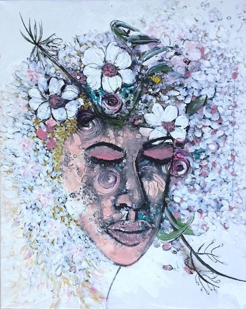 Zen Part I Face Portrait Calm Feel Floral Artwork For Sale Original Flower Painting On Canvas Ready to Hang Gift Ideas Acrylic Paintings Buy Art Now Free Delivery 40x50cm by Kumi Muttu