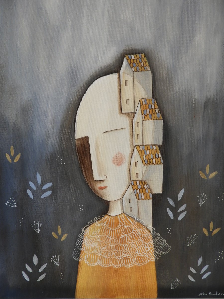 Illustrative Portrait Oil Painting By Silvia Beneforti, 12 X 16", Thinking About A Village, Original Artwork