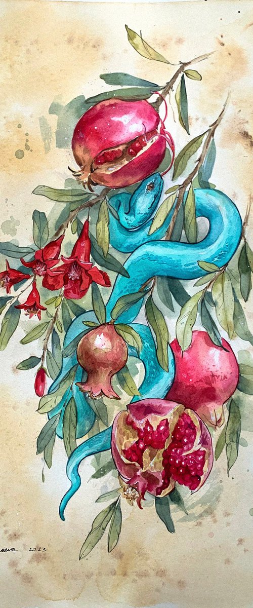 snake on a pomegranate branch by Belyaeva Oleksandra