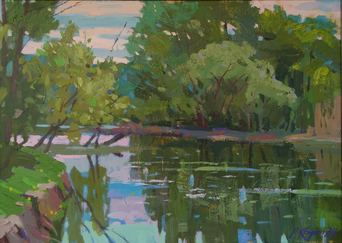 Impressionistic Landscape Acrylic Painting By Sergey Kachin, 28 X 20", Spring On The River, Original Artwork