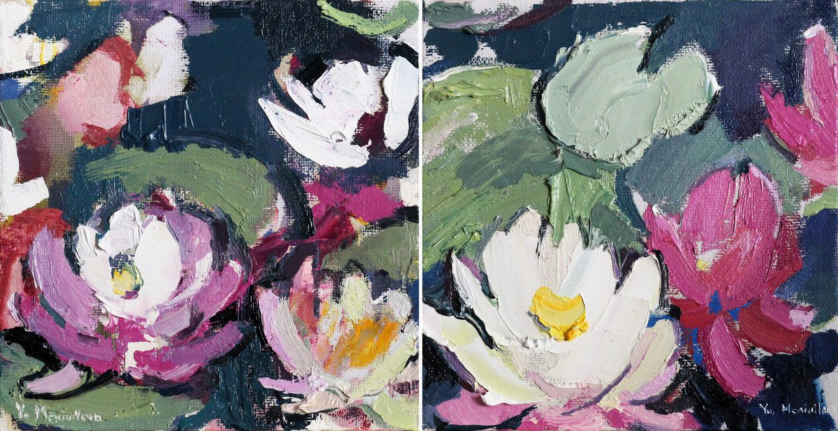 Water lilies. Original oil painting. Christmas gift by Yuliia Meniailova