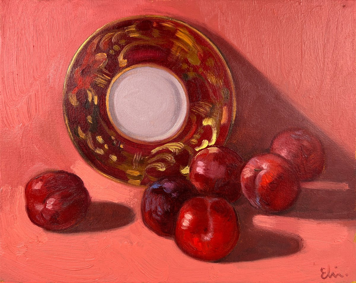 Still Life with plums and Limoges plate by Elina Arbidane