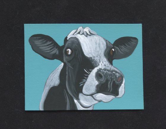 ACEO ATC Original Miniature Painting Black White Cow Farmyard Art-Carla Smale