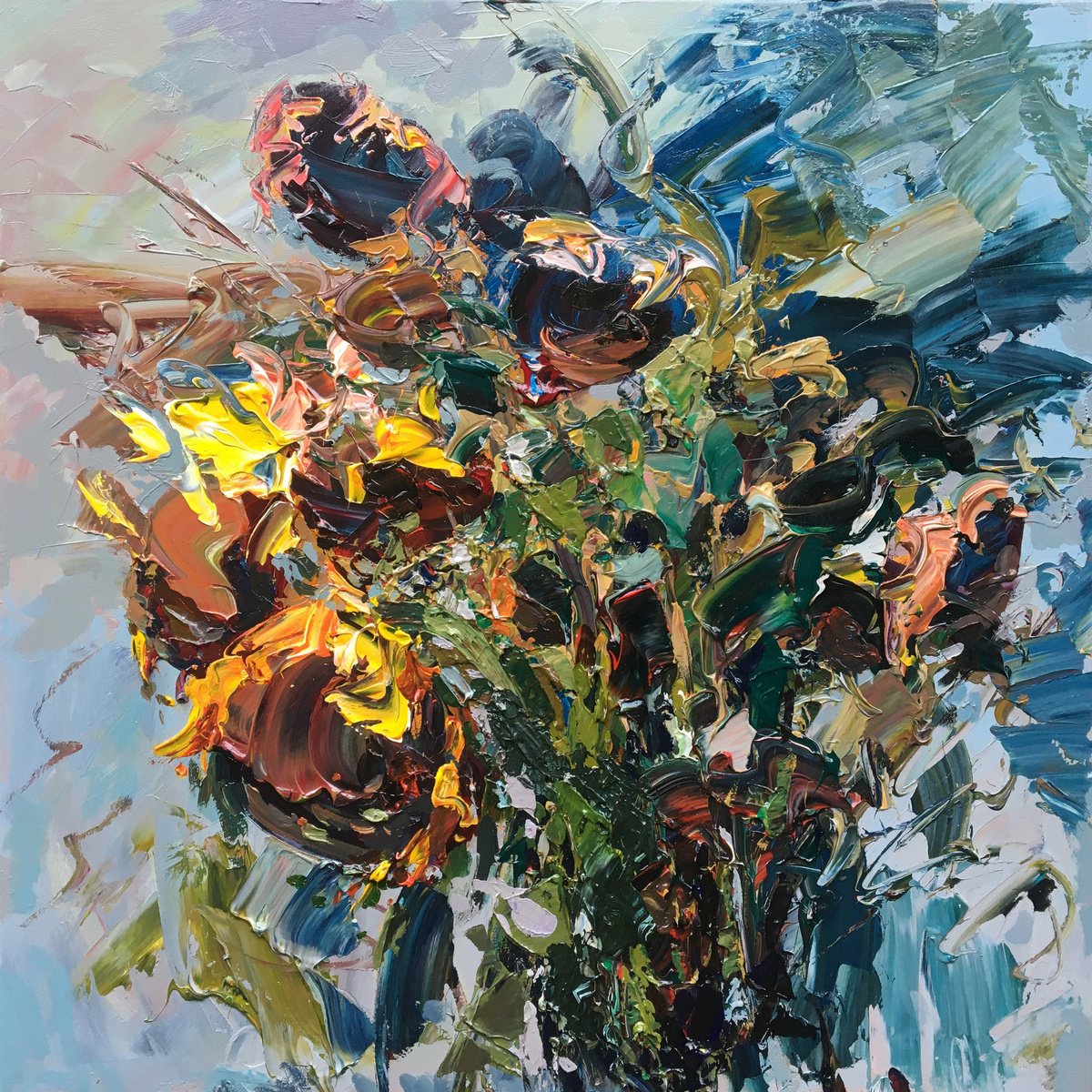 Expressive Botanical Oil Painting By Agostino Veroni, 32 X 32, Modern Sunflowers Oil Painting On Canvas, Original Artwork