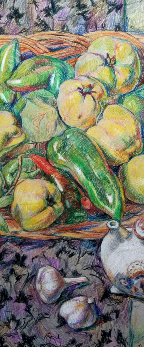 Quince with pepper: 40x50 cm colored pencils on paper by Liudmyla Chemodanova