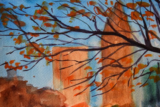 Fall New York Central Park ORIGINAL watercolor painting, autumn forest, romantic gift