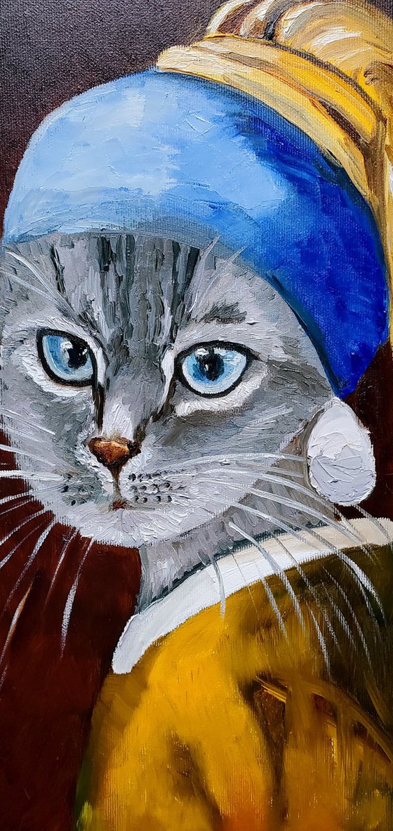 British blue Cat with the pearl earring #3 inspired by Vermeer painting feline art for cat lovers gift idea