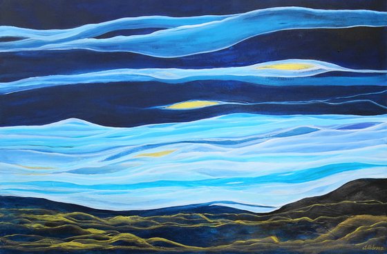 Large Abstract Seascape Painting. Ocean Waves. Blue and Gold Abstract Landscape Painting