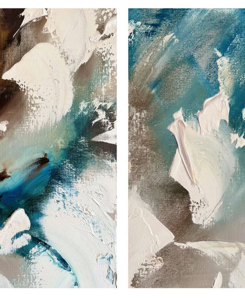 VORTEX OF FEELINGS - Set of 2 cosmic flowers. Design. Sensual diptych. Bud. Nature. Strokes. Texture. by Marina Skromova