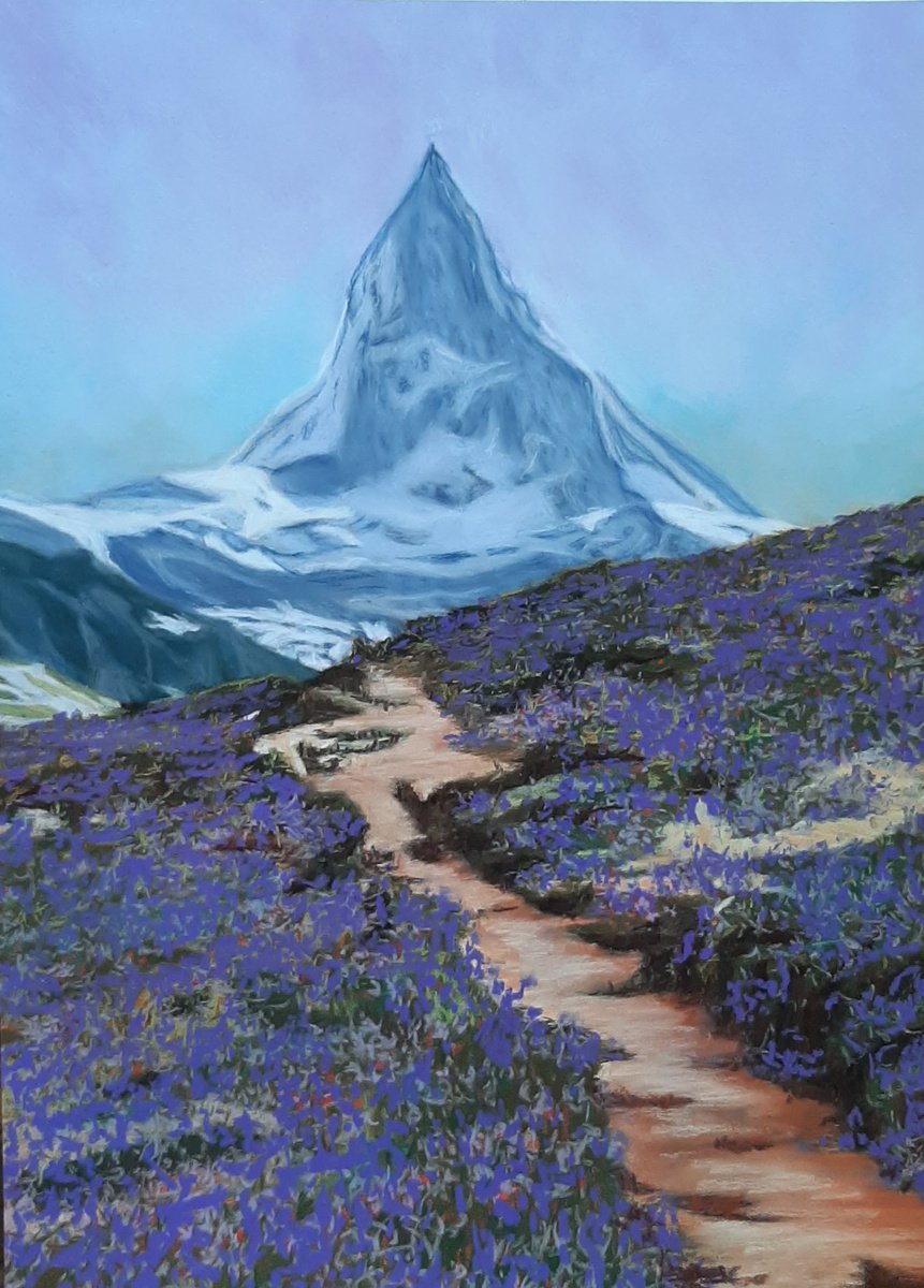 Impressionistic Landscape Pastel Drawing By Anne Shaughnessy, 11 X 15, Purple Flowers, Original Artwork