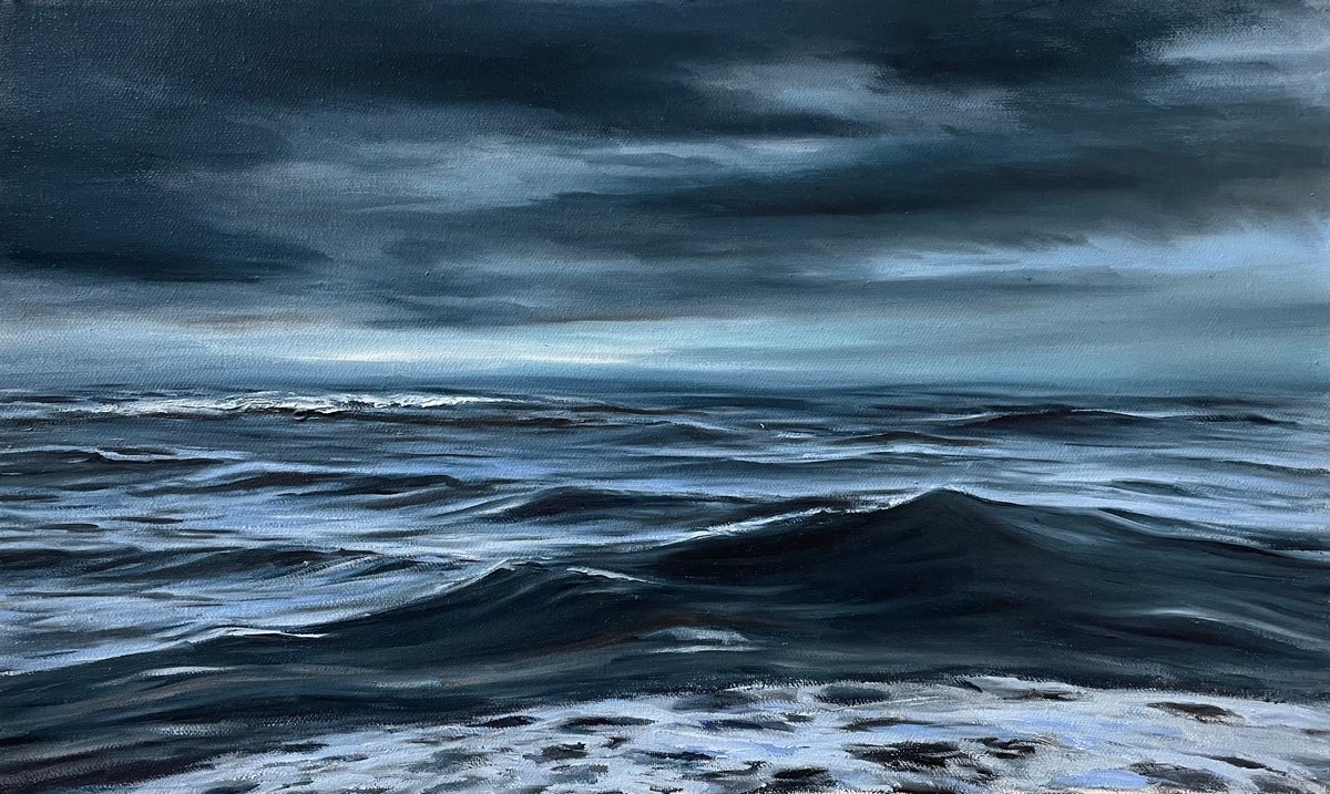 Photorealistic Landscape Oil Painting By Aflatun Israilov, 20 X 12, Stormy Ocean, Original Artwork