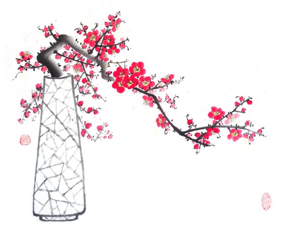 Red plum in a vase - Oriental Chinese Ink Painting