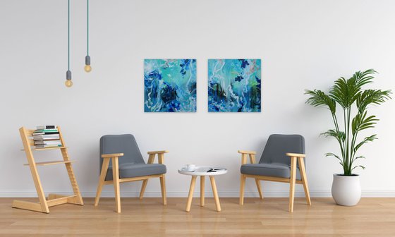 Abstract Tropical Flowers. Floral Garden. Blue Abstract Flowers. (51x51cm) Modern Art