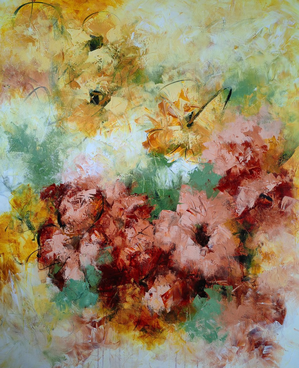 Abstract Botanical Acrylic Painting By Vera Hoi, 39 X 47", "Enchanted Blooms" From "Colours Of Summer" Collection, Xxl Abstract Flower Painting, Artfinder