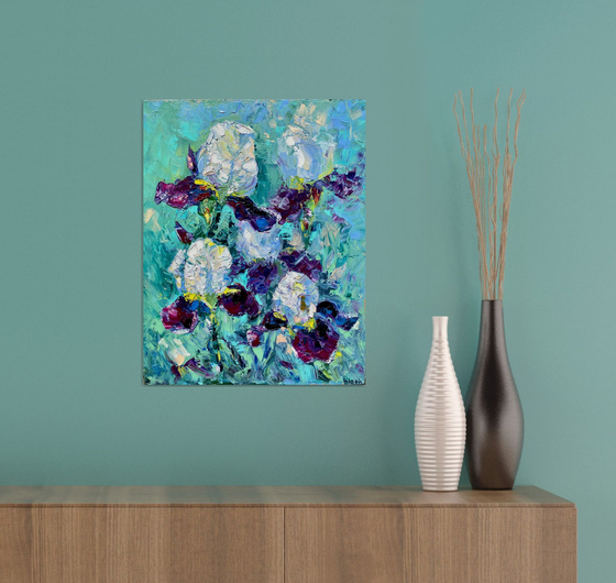 Iris - A pleasure of light, 35*45cm, impressionistic flowers oil painting in violet and turquoise