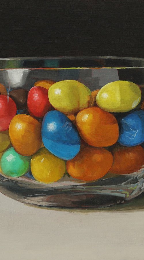 Peanut M and Ms in a glass bowl by Tom Clay