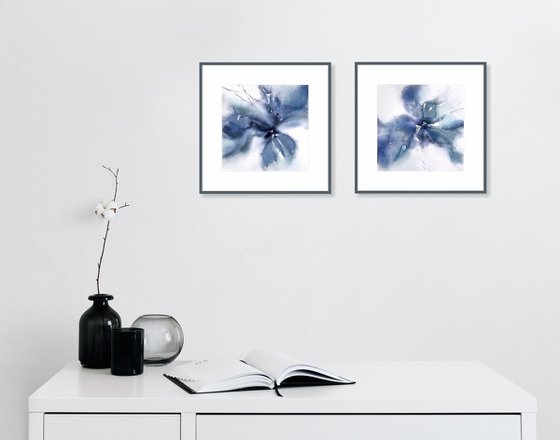 Blue abstract flowers diptych