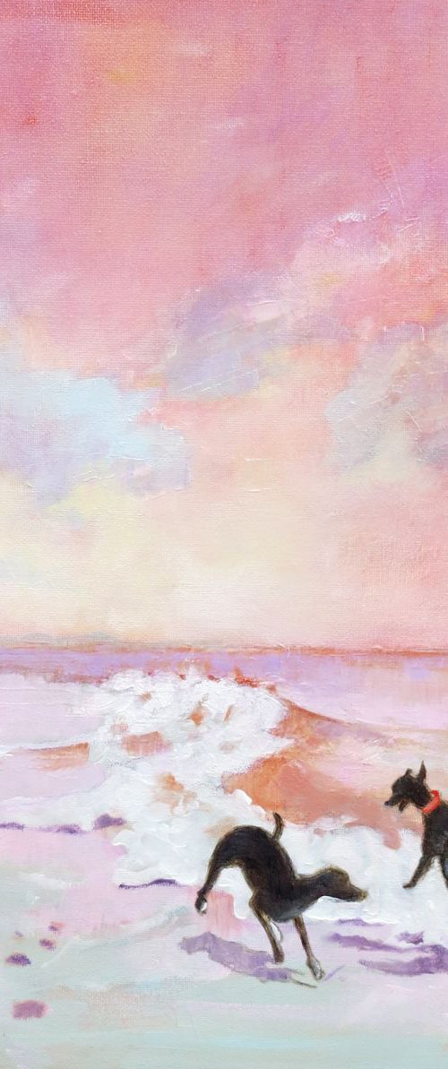 Two Whippets Playing in the Waves by Mary Kemp