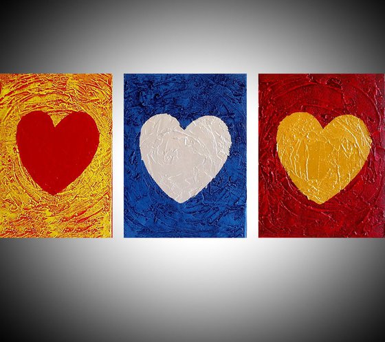 painting abstract wall art triptych panel of 3 " Three of Hearts " impasto multi coloured silver gold heart romantic painting contemporary modern art abstraction expression acrylic 3 sizes available 48 x 20"