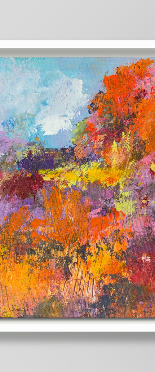 Landscape with wildflowers and a big red-orange tree by Irina Bocharova